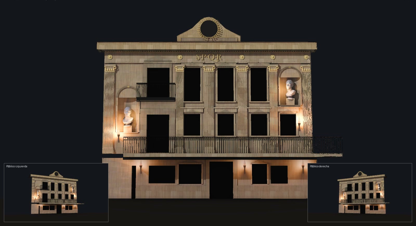 Previs de una fachada con la época romana proyectada, vista central y desde los dos lados